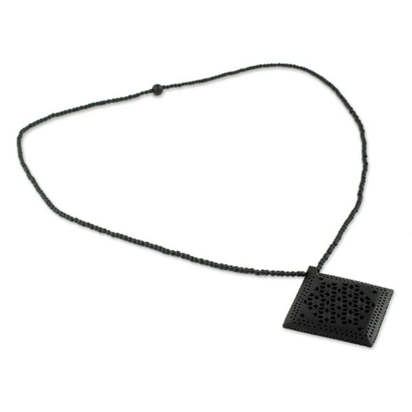 Alternate image for Ebony Wood Necklace Hand Carved Jewelry from India Mughal Enchantress Diamond