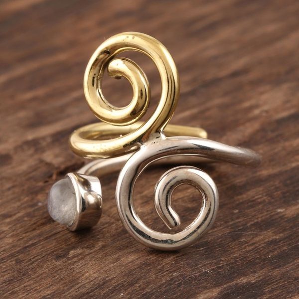 Alternate image for Rainbow Moonstone Ring with Sterling Silver and Brass Curling Union