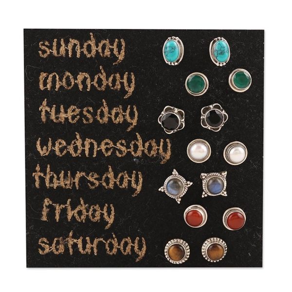 Alternate image for Set of 7 Gemstone Stud Earrings from India Elegant Pairs