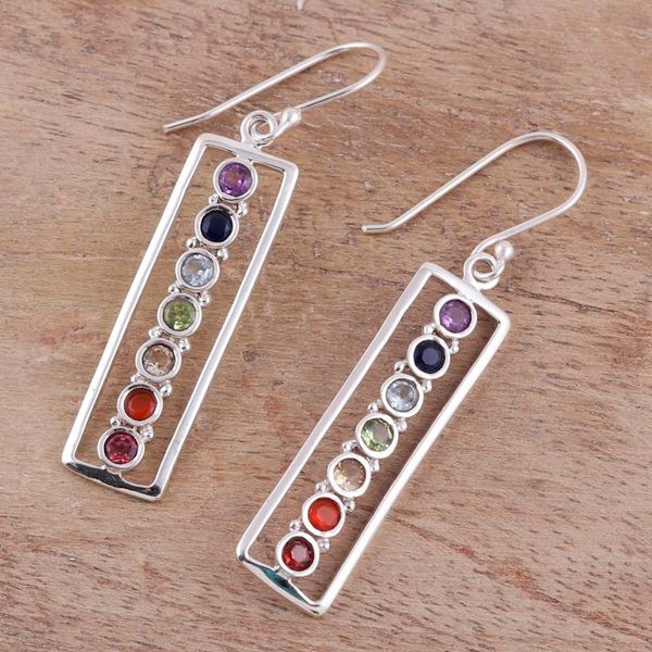 Alternate image for 925 Sterling Silver Multi-Gemstone Chakra Dangle Earrings Shimmering Chakra