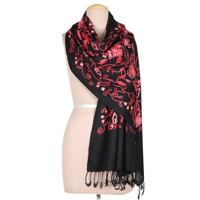 Alternate image for Floral-Themed Wool Shawl with Chain-Stitched Embroidery Kashmir Dreams