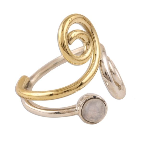 Alternate image for Rainbow Moonstone Ring with Sterling Silver and Brass Curling Union