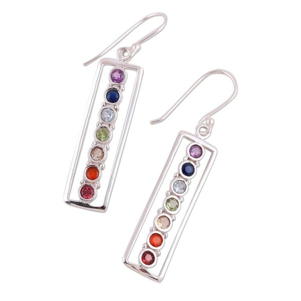 Alternate image for 925 Sterling Silver Multi-Gemstone Chakra Dangle Earrings Shimmering Chakra