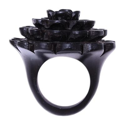Alternate image for Hand Carved Ebony Wood Marigold Cocktail Ring from India Marigold Shadow