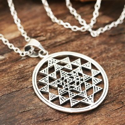 Alternate image for Sterling Silver Geometric Pendant Necklace from India Sri Yantra