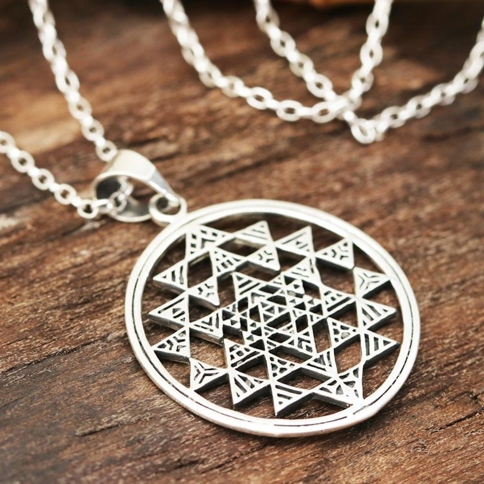 Sterling Silver Geometric Pendant Necklace from India 'Sri Yantra'