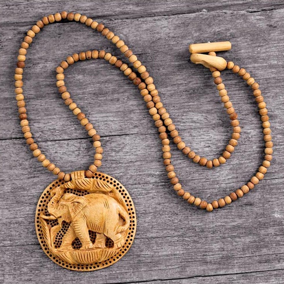 Hand Crafted  Wood Necklace Indian Jewelry 'Elephant Fortune'