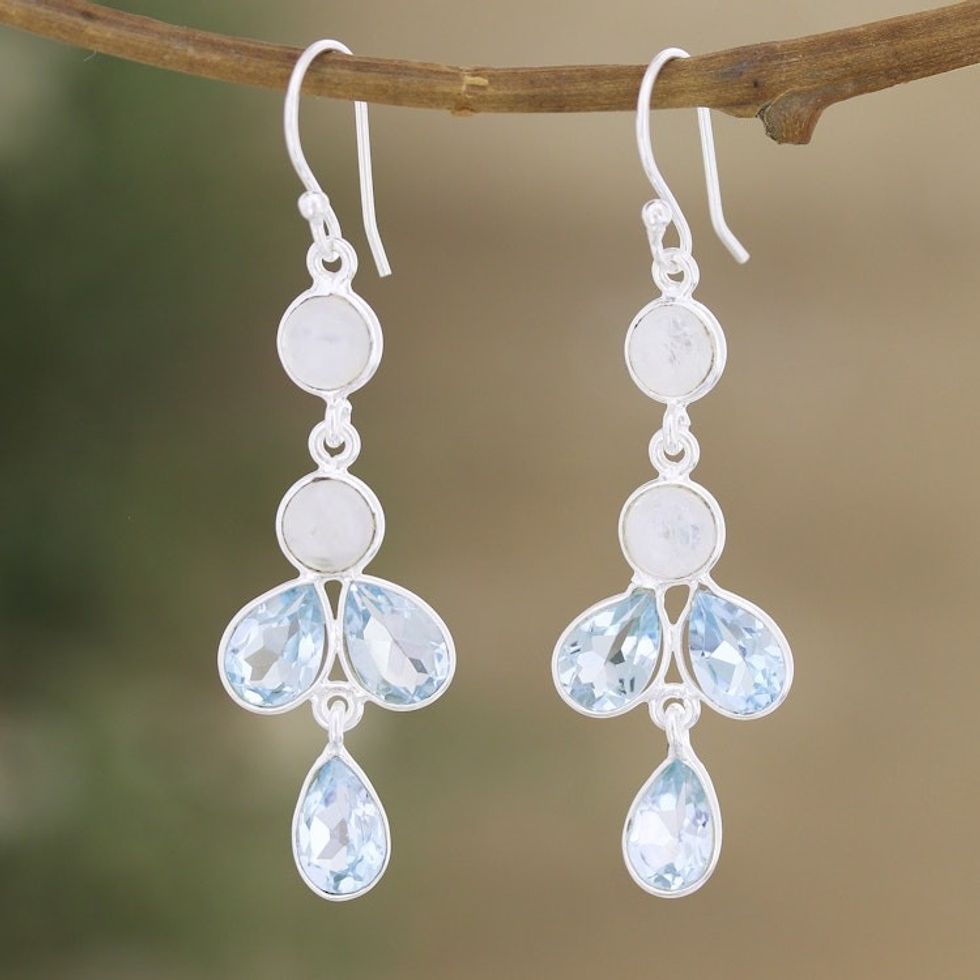 Blue Topaz Rainbow Moonstone Sterling Silver Dangle Earrings 'Dreamy Drops'