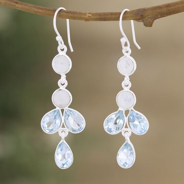 Alternate image for Blue Topaz Rainbow Moonstone Sterling Silver Dangle Earrings Dreamy Drops