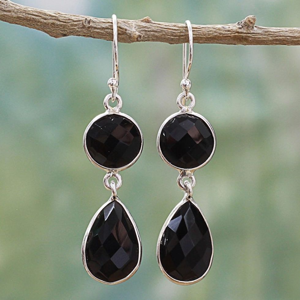 Dual Onyx Gemstone Dangle Earrings with Sterling Silver 'Magical Charm'