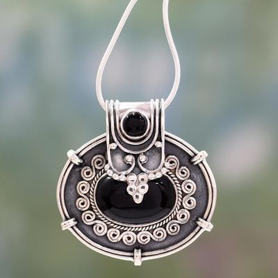 Alternate image for Onyx Pendant Necklace in Oxidized Sterling Silver from India Traditional Chic