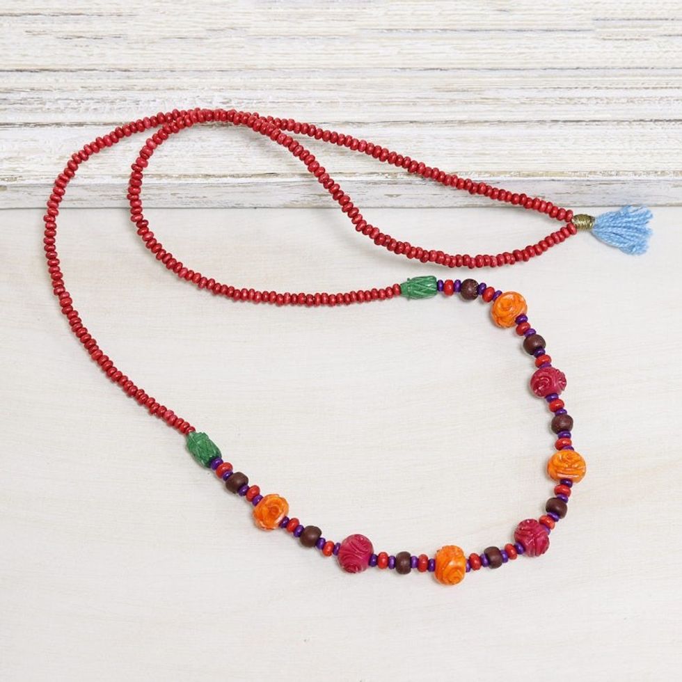 Colorful Wood Beaded Long Necklace from India 'Boho Rose'