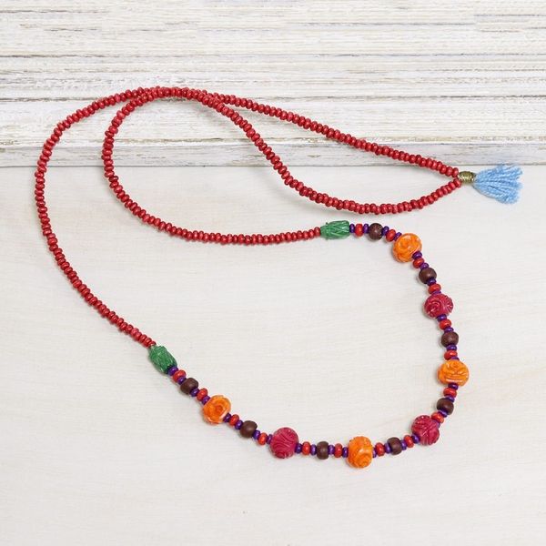 Alternate image for Colorful Wood Beaded Long Necklace from India Boho Rose