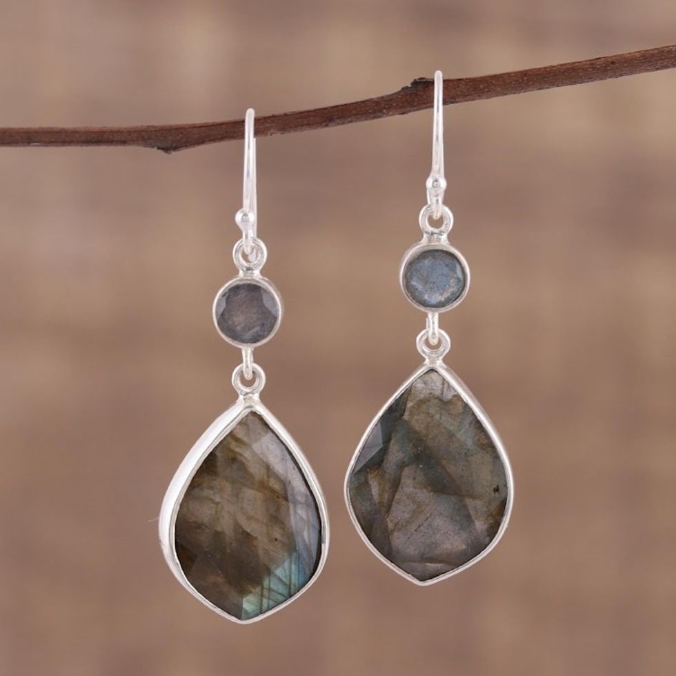 36 Carat Labradorite and Silver Dangle Earrings 'Frozen Aurora'