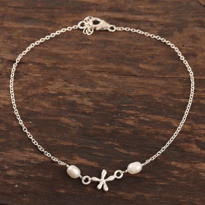 Alternate image for Cultured Pearl and Sterling Silver Anklet Dragonfly Over Water