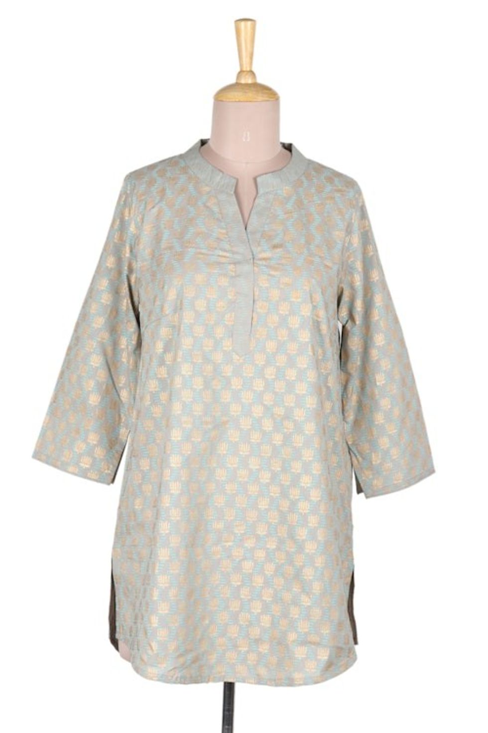 Lotus-Themed Cotton Block Print Tunic in Grey Gold and Green 'Lotus Glam'