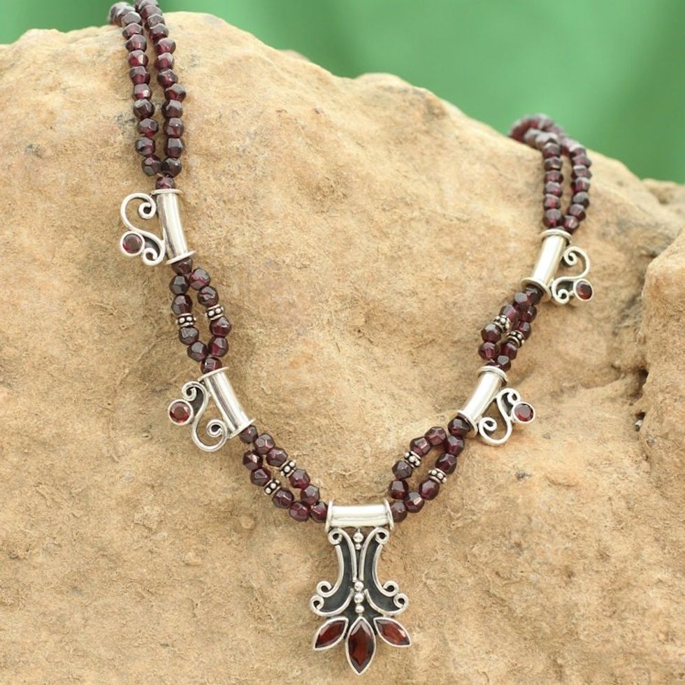 Handcrafted Sterling Silver and Garnet Indian Necklace 'Kerala Carnation'