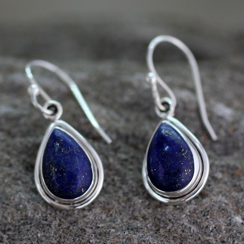 Fair Trade Sterling Silver and Lapis Lazuli Earrings 'Blue Teardrop'