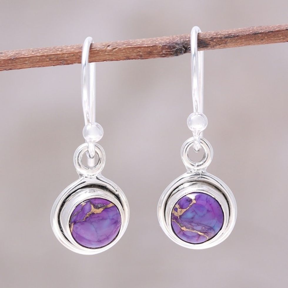 Sterling Silver and Purple Composite Turquoise Earrings 'Adorable Moon in Purple'