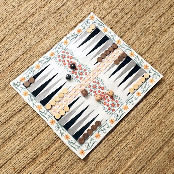 Alternate image for Floral Embroidered Travelers Backgammon Game Ganga Garden in Yellow