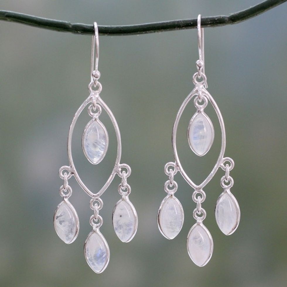 Rainbow Moonstone and Sterling Silver Chandelier Earrings 'Luminous Dew'