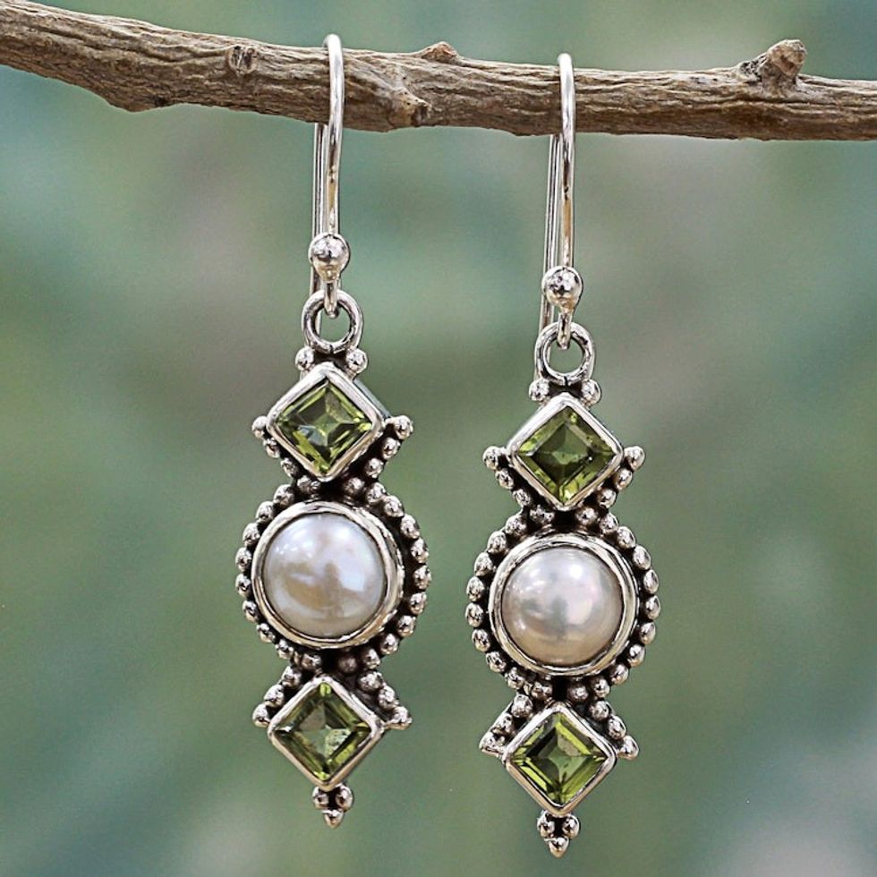 Peridot and Cultured Pearl Dangle Sterling Silver Earrings 'Vernal Allure'