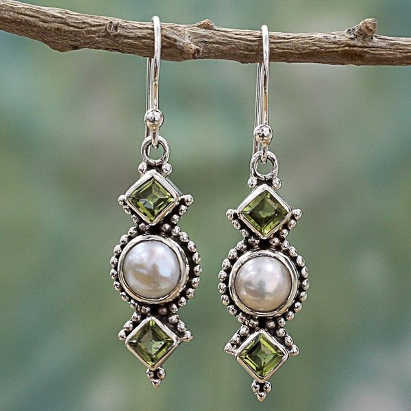 Alternate image for Peridot and Cultured Pearl Dangle Sterling Silver Earrings Vernal Allure