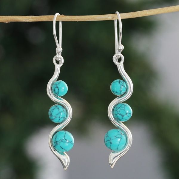 Alternate image for Modern 925 Silver Reconstituted Turquoise Dangle Earrings Swirling Orbs