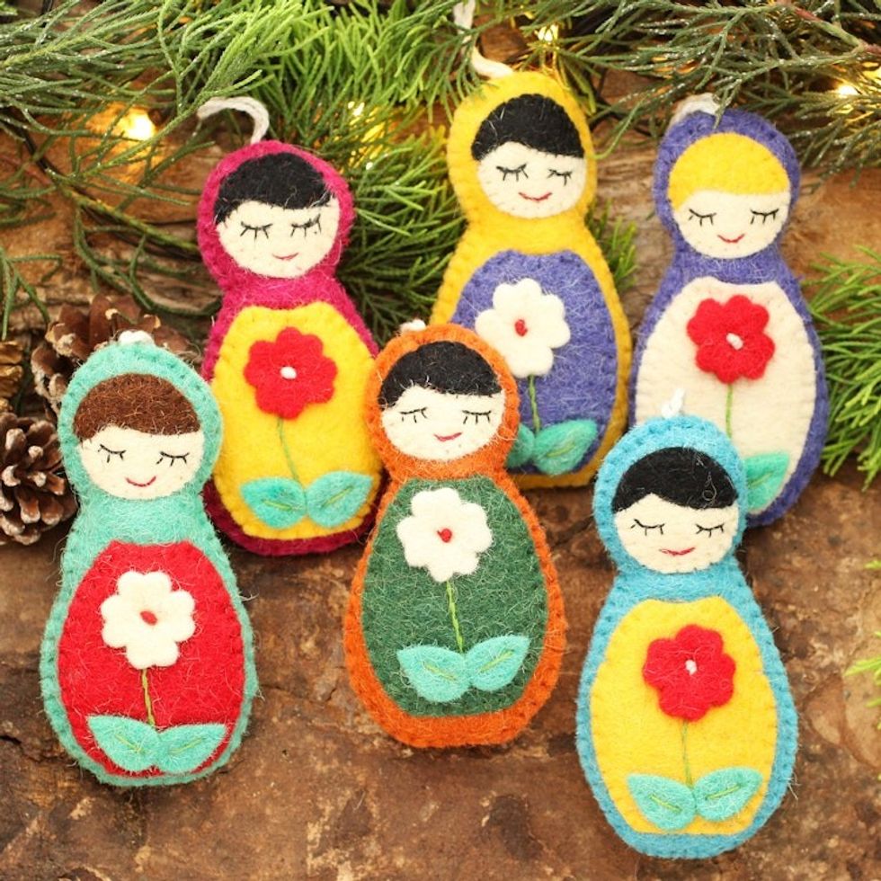 Set of Four Floral Wool Ornaments from India 'Sleeping Beauties'