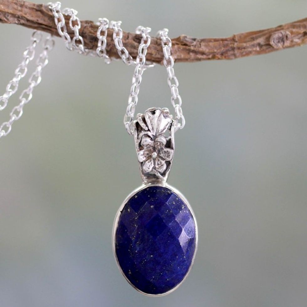 Artisan Made Silver and Lapis Necklace 'Floral Facets'