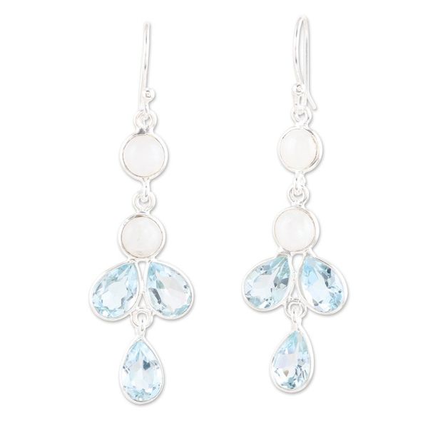 Alternate image for Blue Topaz Rainbow Moonstone Sterling Silver Dangle Earrings Dreamy Drops