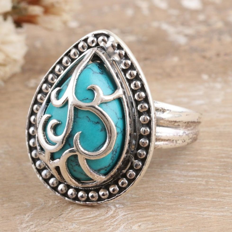 Polished Sterling Silver Cocktail Ring with Recon Turquoise 'Vine Drop'