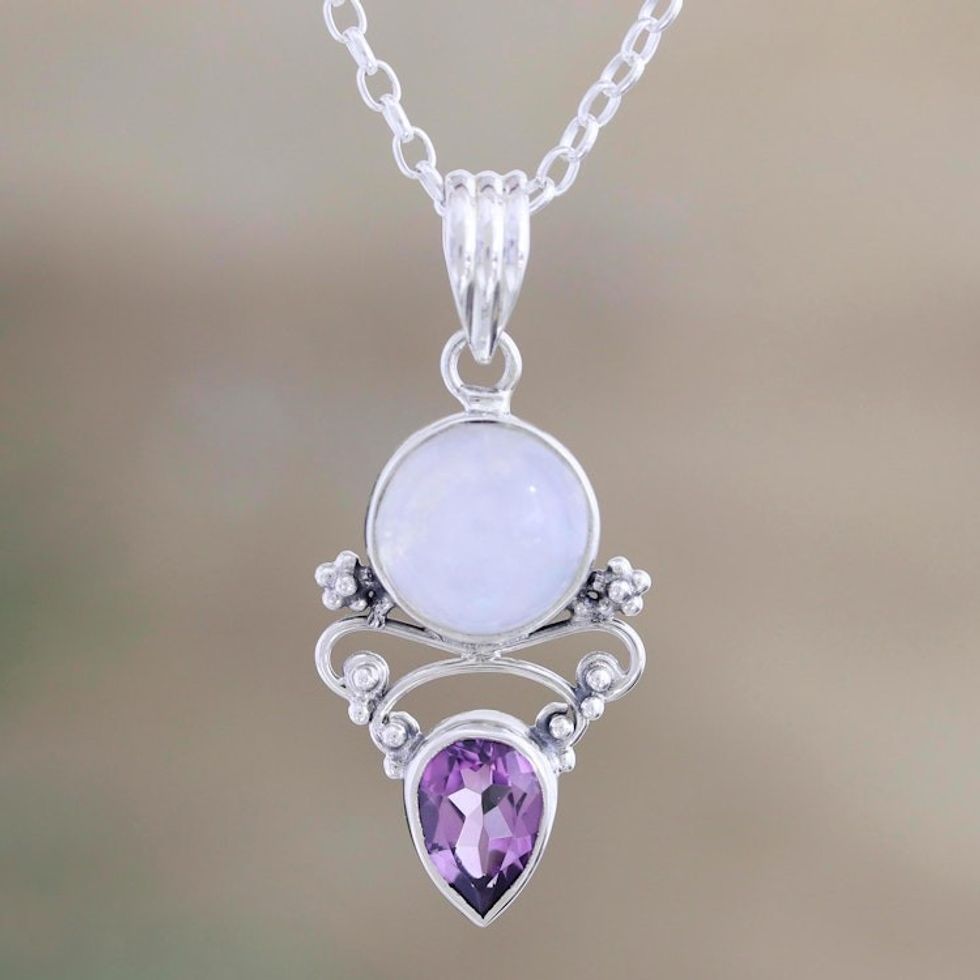 Amethyst and Rainbow Moonstone Pendant Necklace 'Mystic Tide'