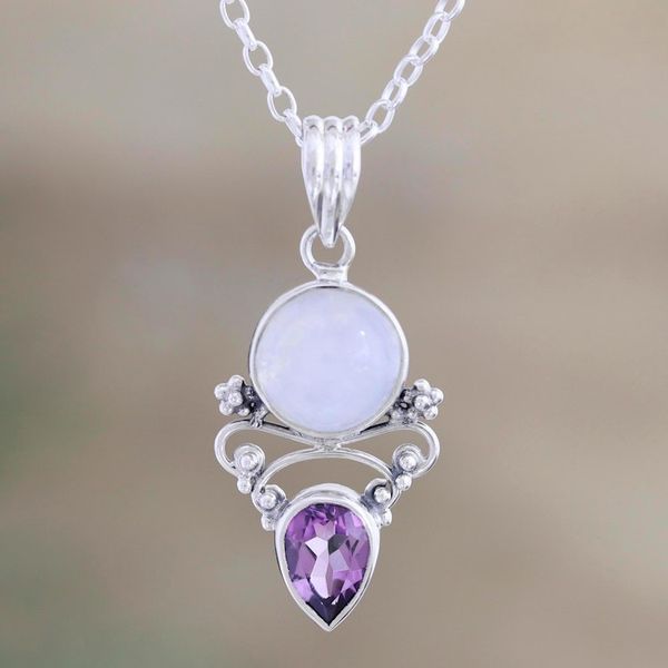 Alternate image for Amethyst and Rainbow Moonstone Pendant Necklace Mystic Tide