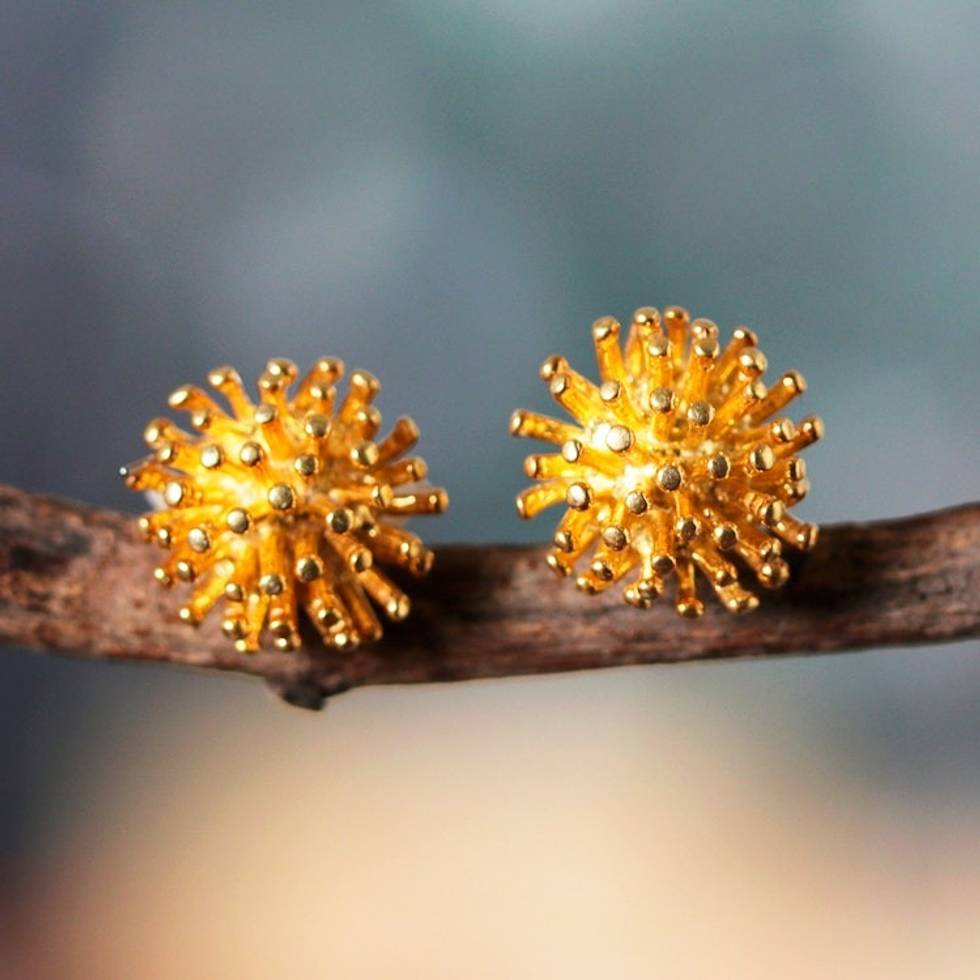 Modern Polished 22k Gold-Plated Stud Earrings from India 'Spiny Gold'