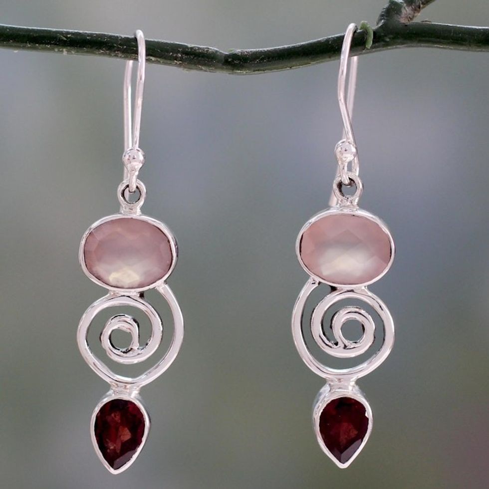 Silver Dangle Earrings with Rose Quartz and Garnet Stones 'Romantic Journey'