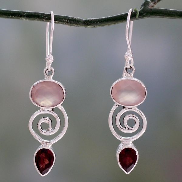 Image for Silver Dangle Earrings with Rose Quartz and Garnet Stones Romantic Journey