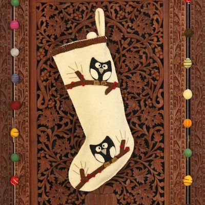 Alternate image for Ivory Wool Felt Christmas Stocking with Owl Motif Jolly Owls