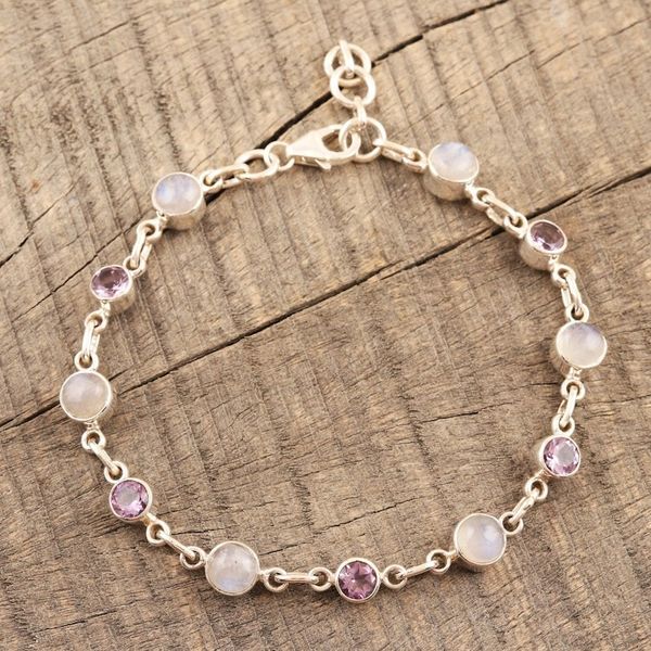 Alternate image for Handmade Rainbow Moonstone and Amethyst Link Bracelet Ravishing Beauty in Purple