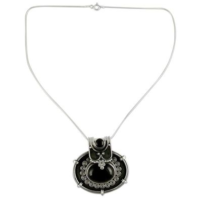 Alternate image for Onyx Pendant Necklace in Oxidized Sterling Silver from India Traditional Chic