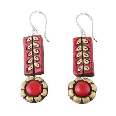Alternate image for Red and Golden Floral Ceramic Dangle Earrings from India Creative Flowers