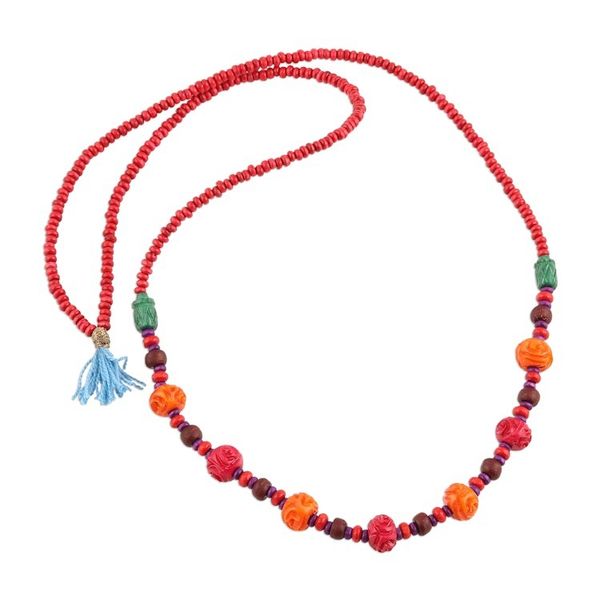 Alternate image for Colorful Wood Beaded Long Necklace from India Boho Rose