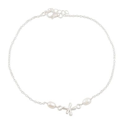 Alternate image for Cultured Pearl and Sterling Silver Anklet Dragonfly Over Water