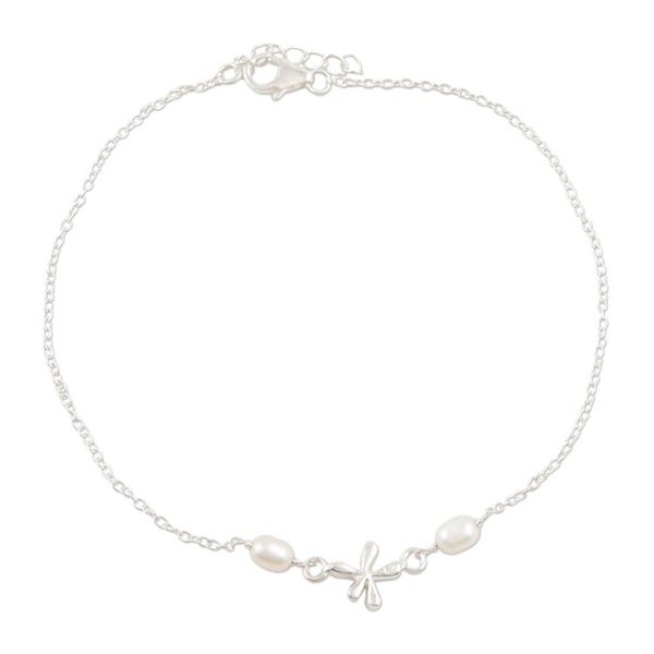 Alternate image for Cultured Pearl and Sterling Silver Anklet Dragonfly Over Water