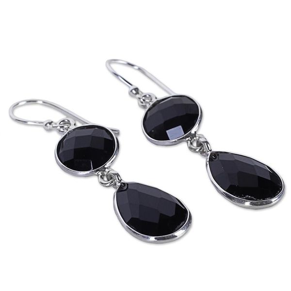 Alternate image for Dual Onyx Gemstone Dangle Earrings with Sterling Silver Magical Charm