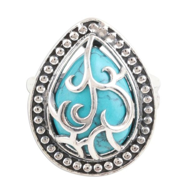 Alternate image for Polished Sterling Silver Cocktail Ring with Recon Turquoise Vine Drop