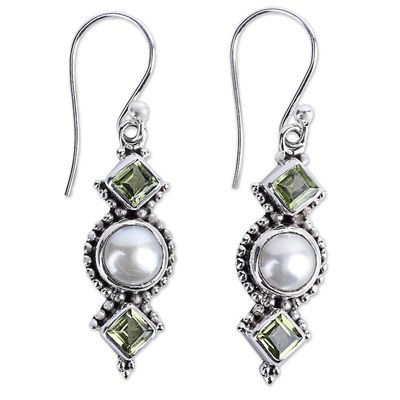 Alternate image for Peridot and Cultured Pearl Dangle Sterling Silver Earrings Vernal Allure