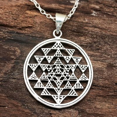 Alternate image for Sterling Silver Geometric Pendant Necklace from India Sri Yantra