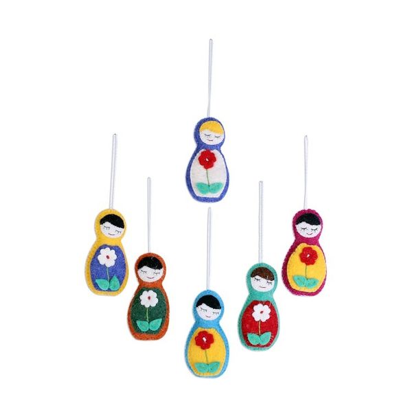 Alternate image for Set of Four Floral Wool Ornaments from India Sleeping Beauties