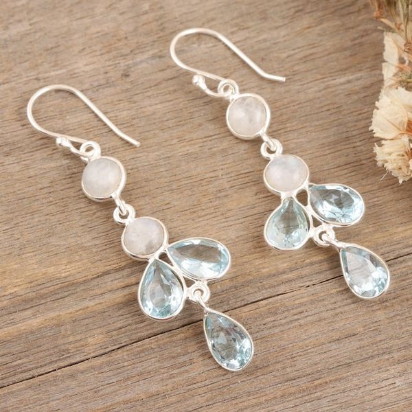 Alternate image for Blue Topaz Rainbow Moonstone Sterling Silver Dangle Earrings Dreamy Drops